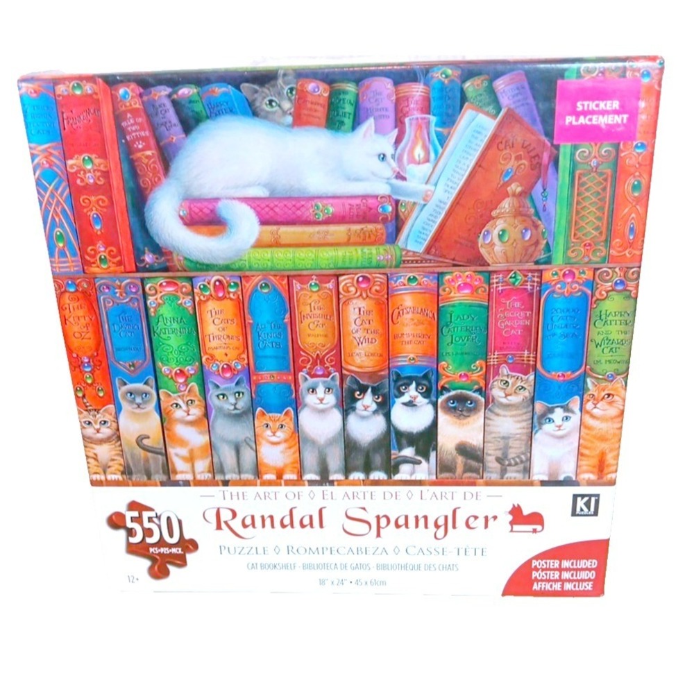 Randal Spangler Puzzle Cat Bookshelf with Poster 550‎ Pc 24 x 18 inch